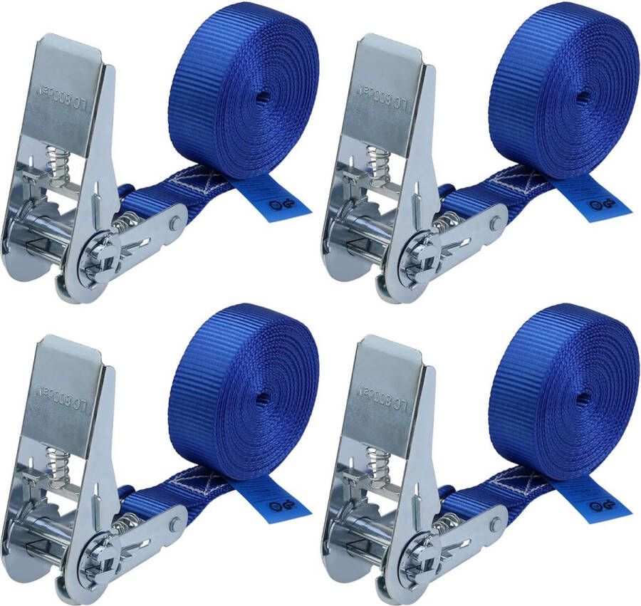 Spanband met ratel 4 stuk ratelbanden spanband bevestigingsband blauw 4 m of 6 m 25 mm breed belastbaar tot 800 kg DIN EN 12195-2 4 stucks 2.5 cm x 4 m
