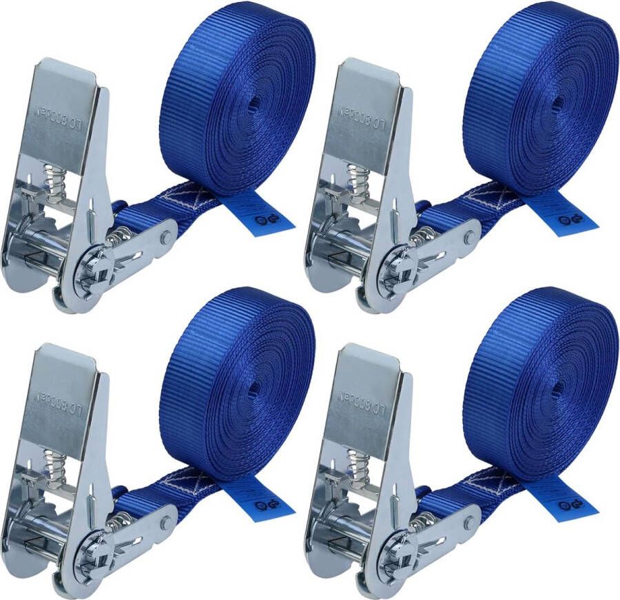Spanband met ratel 4 stuk ratelbanden spanband bevestigingsband blauw 6 m 25 mm breed belastbaar tot 800 kg DIN EN 12195-2 4 stucks 2.5 cm x 6 m