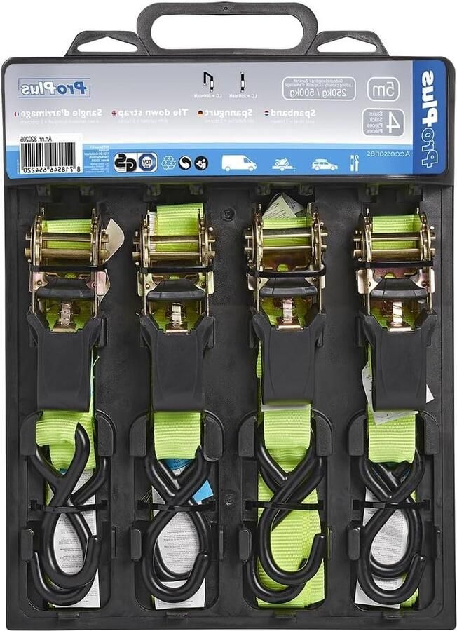 Spanband met ratel 5 meter set van 4 stuks geel zwart 2 haken Spanbanden met ratel
