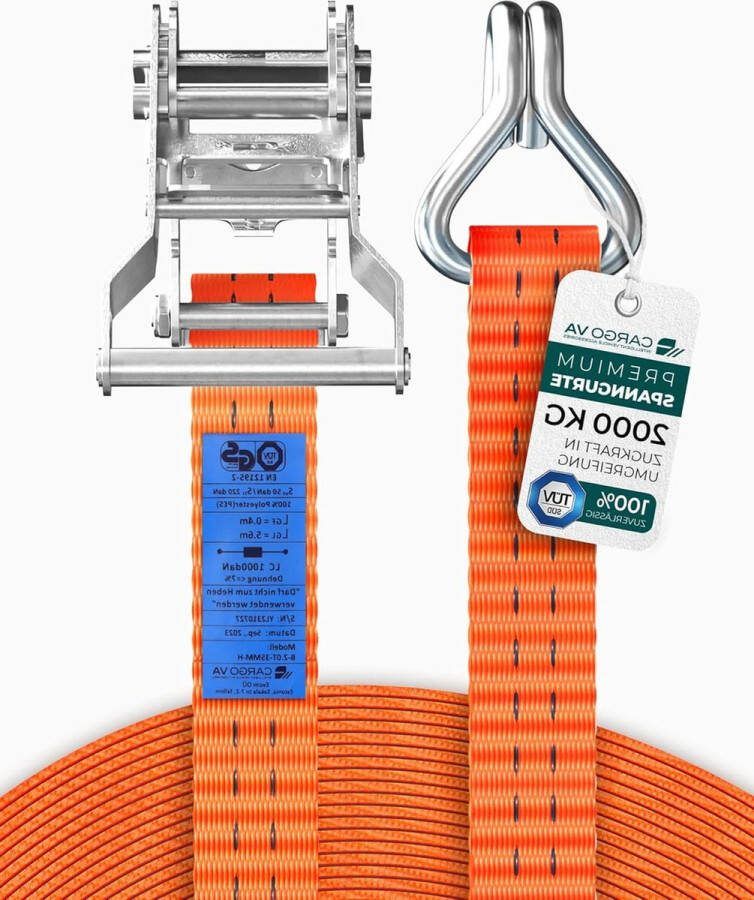 Spanband met ratel en 4 haken 35 mm x 6 m lengte breukbelasting 2000 kg oranje Spanbanden met ratel