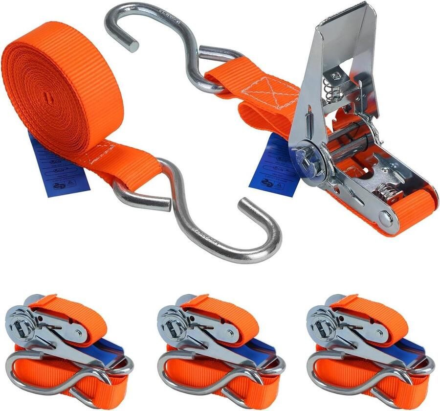 Spanband met ratel en S-haak set van 4 700 kg DIN EN 12195-2-delig oranje 4 m of 6 m 25 mm breed Spanbanden met ratel