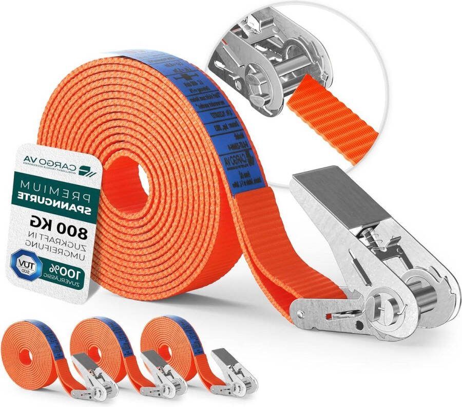 Spanband met ratel set van 4 25 mm x 4 m lang breukvastheid 800 kg ratelgordel oranje Spanbanden met ratel