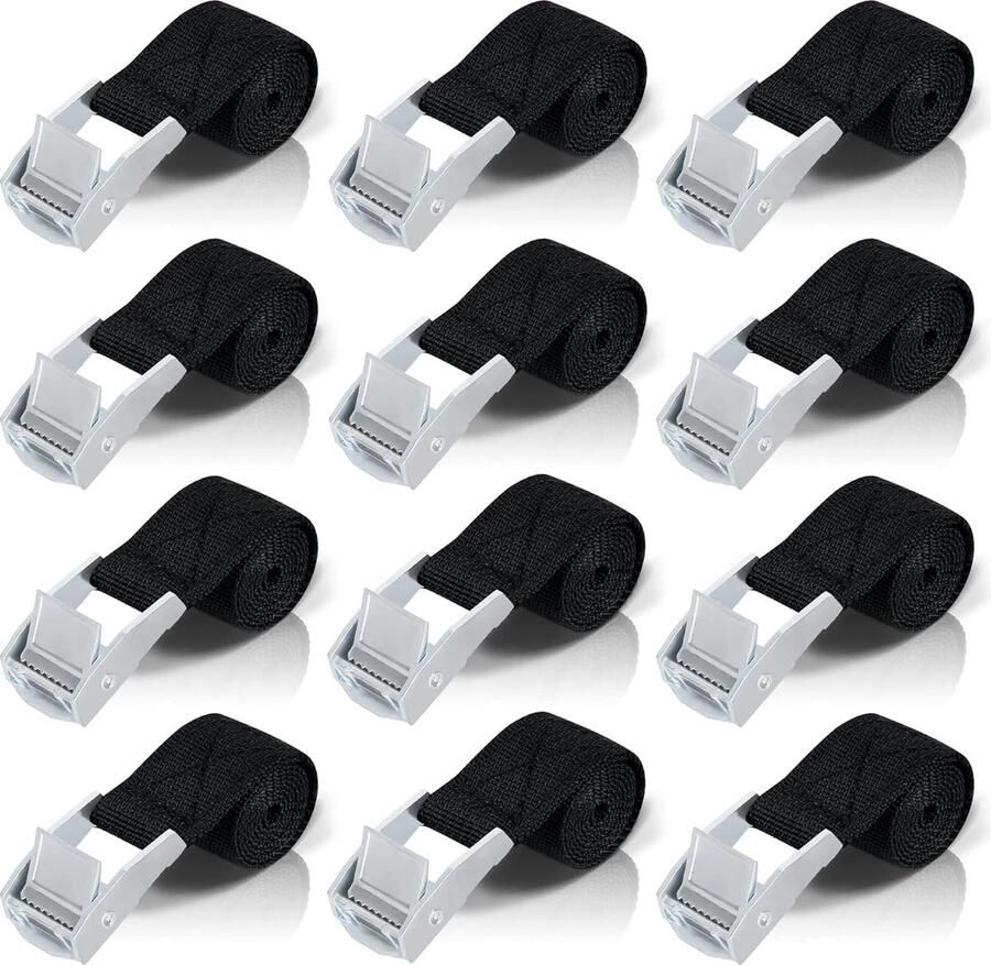 Spanband Zwart Veelzijdige Sjorbanden 2.5 CM*50 CM Spanbanden Kort met Ratel 12 stuks Kleine Spanbanden voor Auto Fiets Steekwagen Motorfiets Bagage Camping