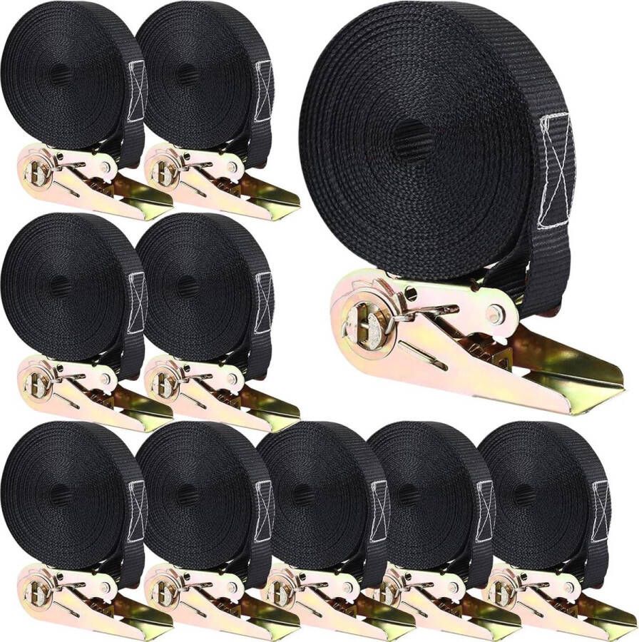 Spanbanden 10 stuks 800 kg 6 m x 25 mm met ratel sjorbanden voor lading vastzetten zwart Spanbanden met ratel