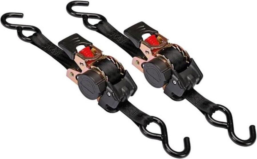 Spanbanden 2 stuks tweedelig met ratel en S-haken Zelfoprollend Vastzetten lichte ladingen Max. 300 kg Polyester zwart 3 m x 25 mm Spanbanden met ratel