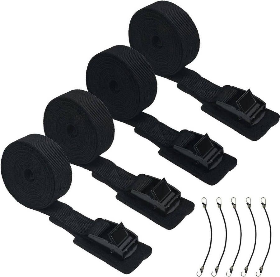 Spanbanden 25 cm x 25 m sjorbanden met klemsluiting belastbaarheid 250 kg bevestigingsriem set incl. vijf spanrubbers fietsendrager motorfiets auto zwart