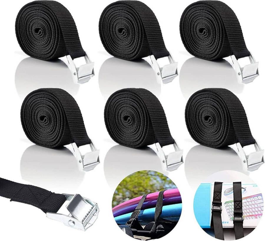 Spanbanden 25 mm verstelbaar zwart set van 6 voor fiets motorfiets bagagepakket camping. Spanbanden met ratel