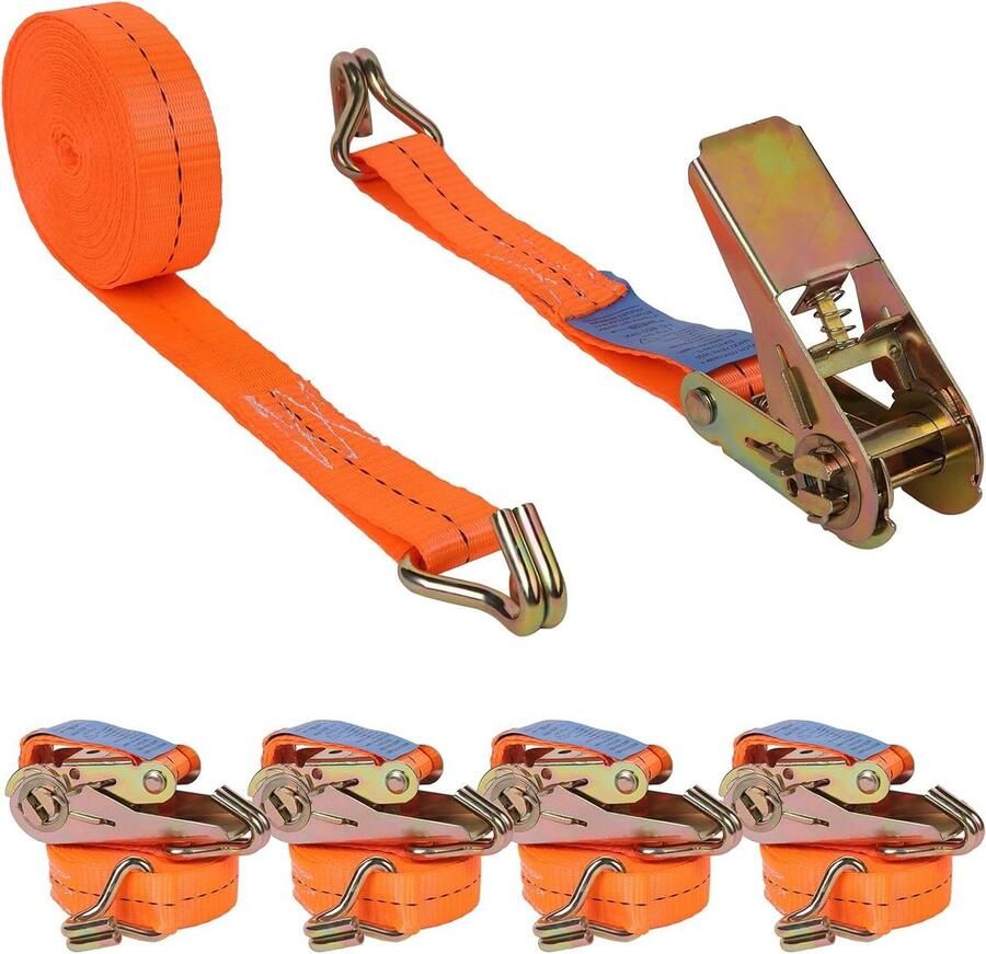 Spanbanden 4 stuks 800 kg 4 meter sjorbanden ratel bevestigingsriem haken oranje 25 mm 800 daN Spanbanden met ratel