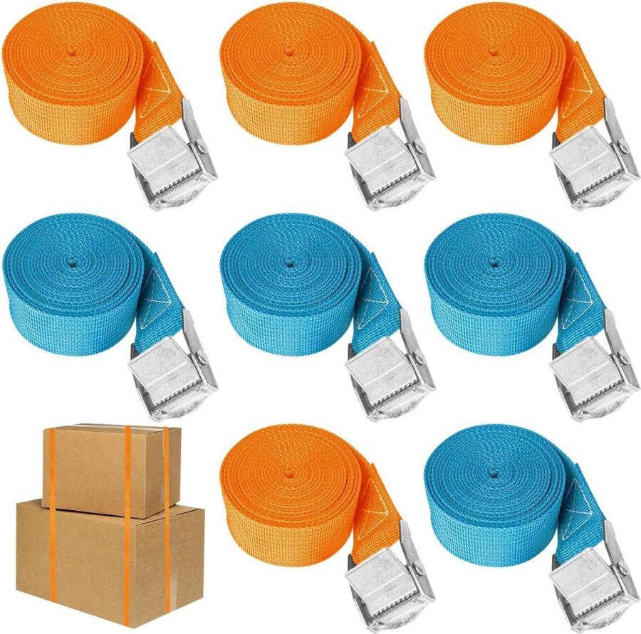 Spanbanden met ratel 1 m x 25 mm zware sjorriemen oranje en blauw verstelbare cargobandjes gesp motorfiets fiets lading vrachtwagens bagage Spanbanden met ratel