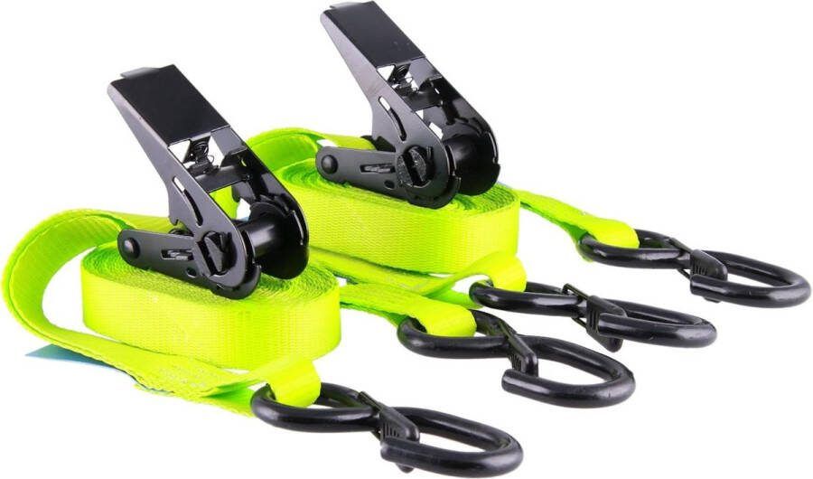 Spanbanden met ratel 4 meter lengte 25 mm breedte neon-geel S-haak 800 kg DIN EN 12195-2