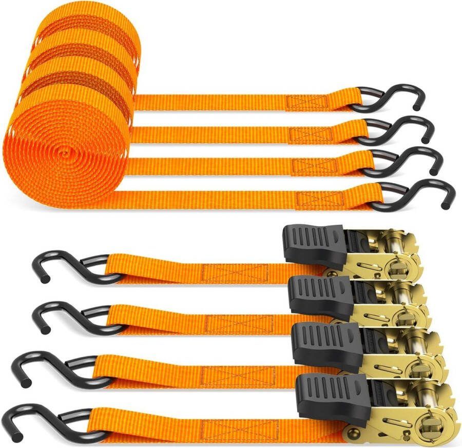 Spanbanden met ratel 4-pack 46 m 680 kg breeksterkte S-haak motorfiets Oranje
