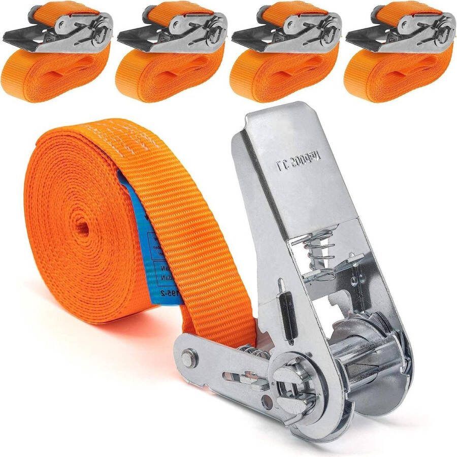 Spanbanden met ratel 4 stuks 800 kg sjorbanden 1 stuks eendelige ratelbanden 25 mm oranje 800 daN 08 t