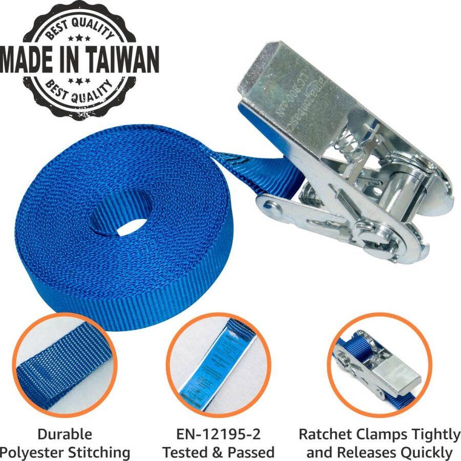 Spanbanden met ratel 6 m lang 25 mm breed draagvermogen 800 kg DIN EN 12195-2 gecertificeerd blauw (10 stuks)