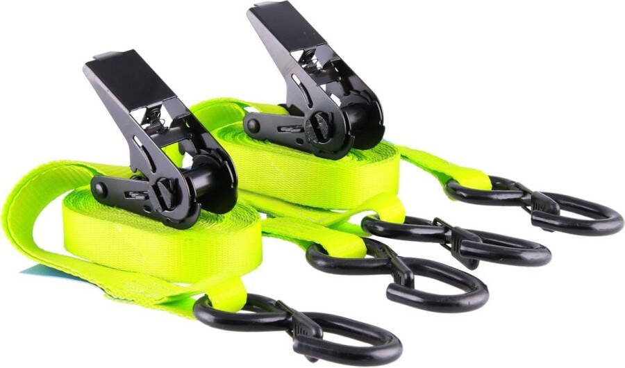 Spanbanden met ratel Set van 2 PU-gecoat Tweedelige sjorbanden Lengte 4 meter Breedte 25 mm Kleur neon-geel S-haak met zekering Tot 800 kg Ratelriemen volgens DIN EN 12195-2 Spanbanden met ratel