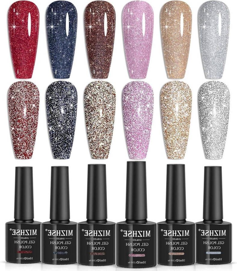 Sparkling Diamond Reflective Glitter Gel Nail Polish Shiny Glitter Nail Gel Nail Art Lacquer Manicure Kit Professional Nail Salon Kit 10ml 6PCS
