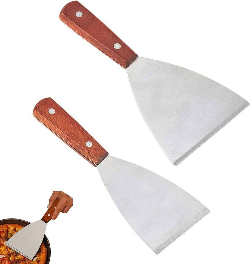 Spatel roestvrijstalen spatel gereedschapspatel schilderspatelset houten handvat hoogwaardige roestvrijstalen spatel voor het grillen van teppanyaki-vlees en het reinigen van de grillpan vaatwasmachinebestendig 2 stuks