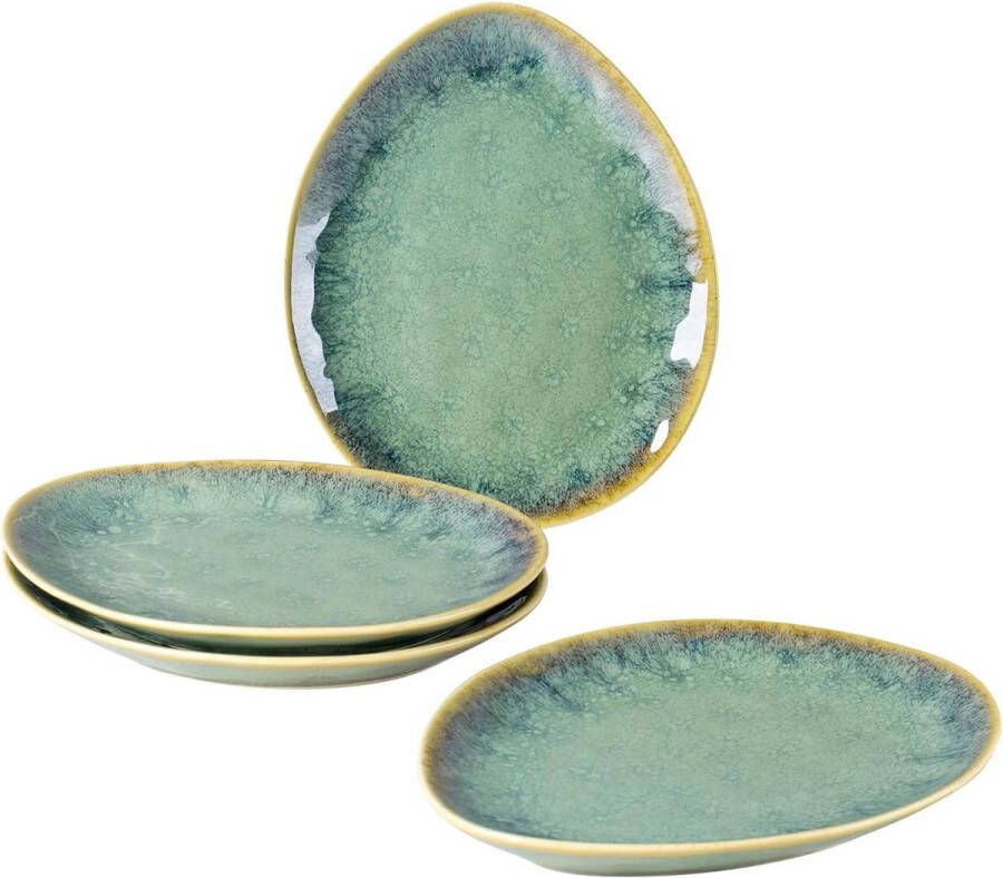 Speciale borden snack- en dipschalen van aardewerk 20 x 17 cm voor 4 personen ontbijtborden porselein modern groen design