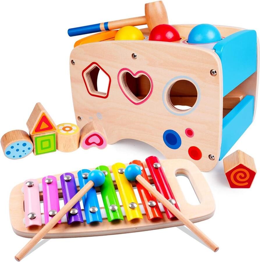 Speelgoed vanaf 1 jaar 3-in-1 Montessori educatief voorschoolse leren muziekspeelgoed houten speelgoed optrekspeelgoed verjaardagscadeau voor kinderen en baby's