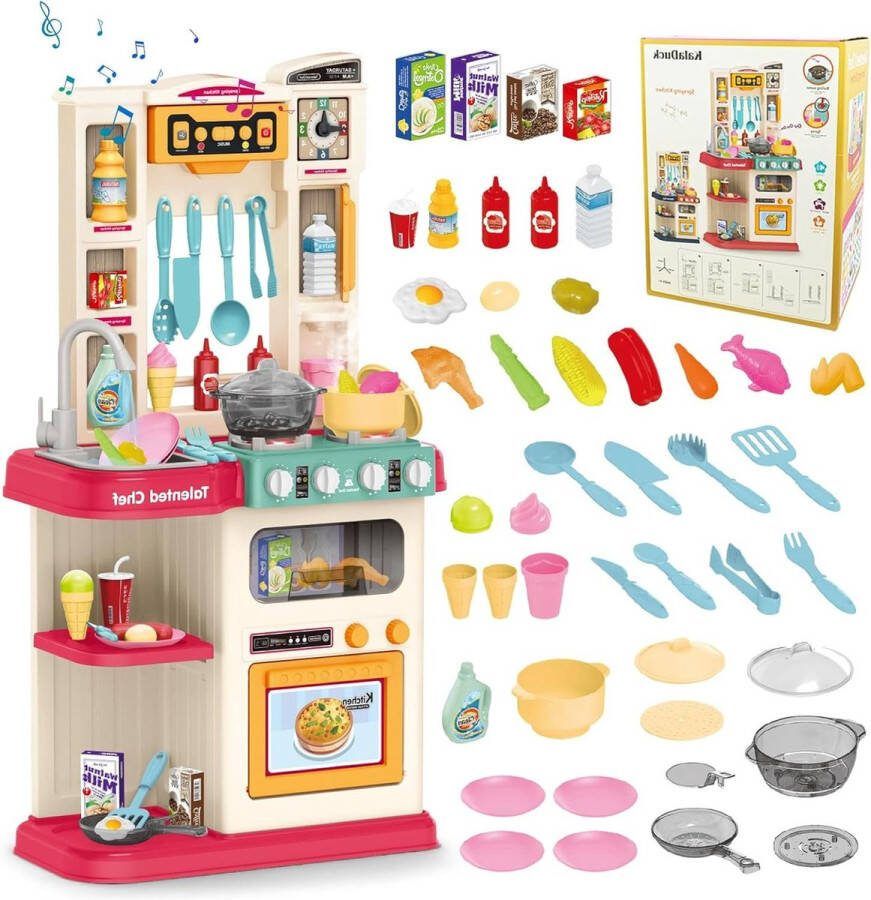 Speelgoed voor Kinderkeuken Multifunctionele Keukenset met Kooktoestel Stoom Gootsteen Geluid Licht en Keukenaccessoires 65 Stuks Rollenspel Keuken Speelgoed Jongens Meisjes (Roze) Speelgoed keuken