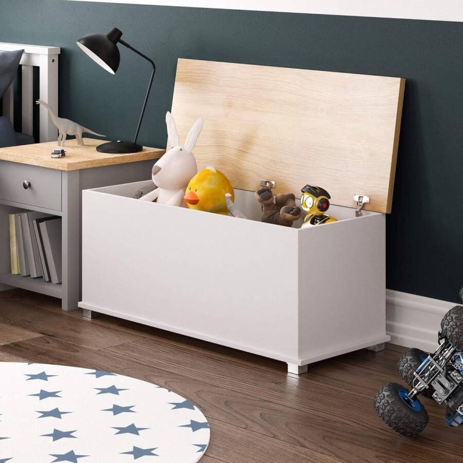Speelgoedkist van hout wit Deksel dekens en dekens voor kinderen Arlington