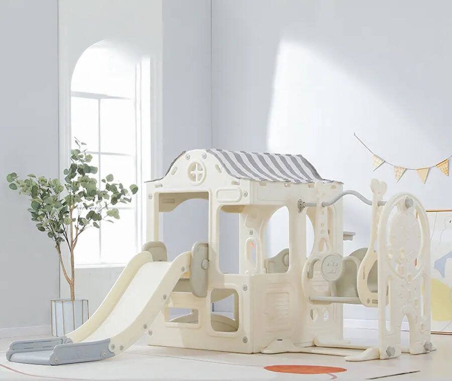 Speelhuisje met glijbaan en schommel in Grijs Offwhite