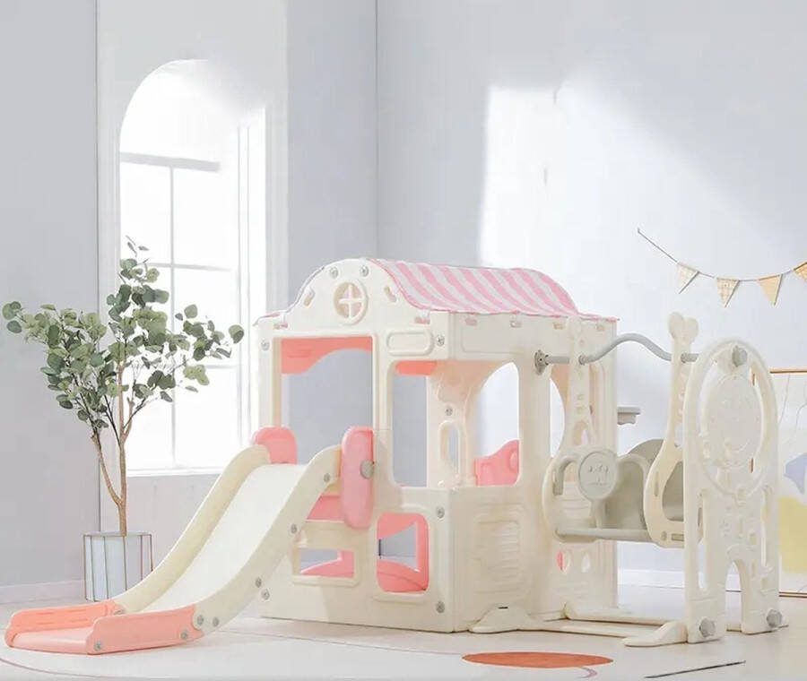 Speelhuisje met glijbaan en schommel in Roze Offwhite