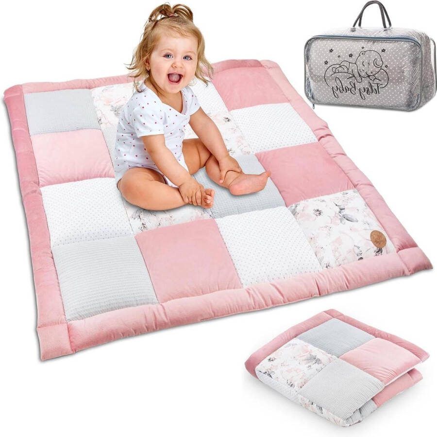 Speelmat Fluwelen speelkleed 120x120 cm patchwork boxinzet Katoen met fluweel en wafelpiqué Wilde roos Babykruipmat