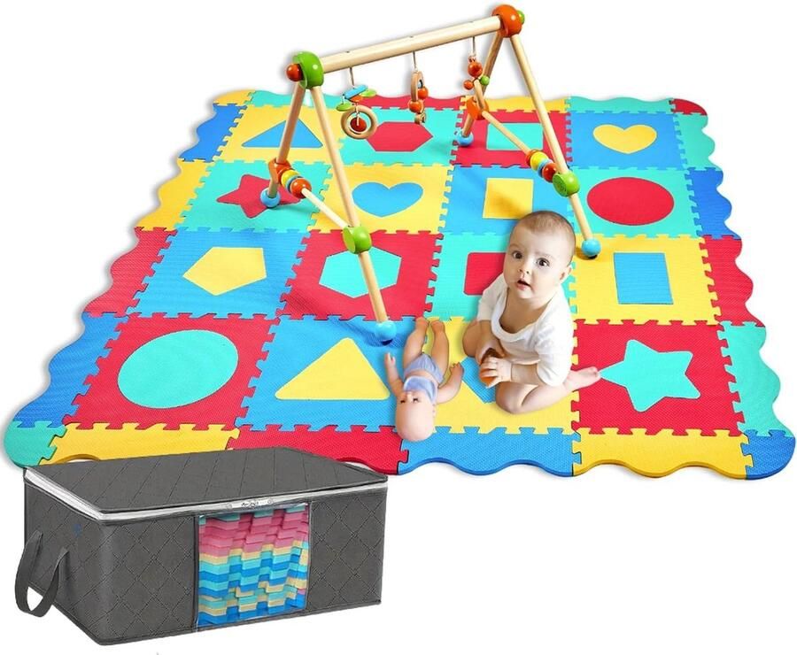 Speelmat Foam Puzzelmat 36 Delen Geometrische Figuren-Randen 140x140x12 cm met Opbergzak