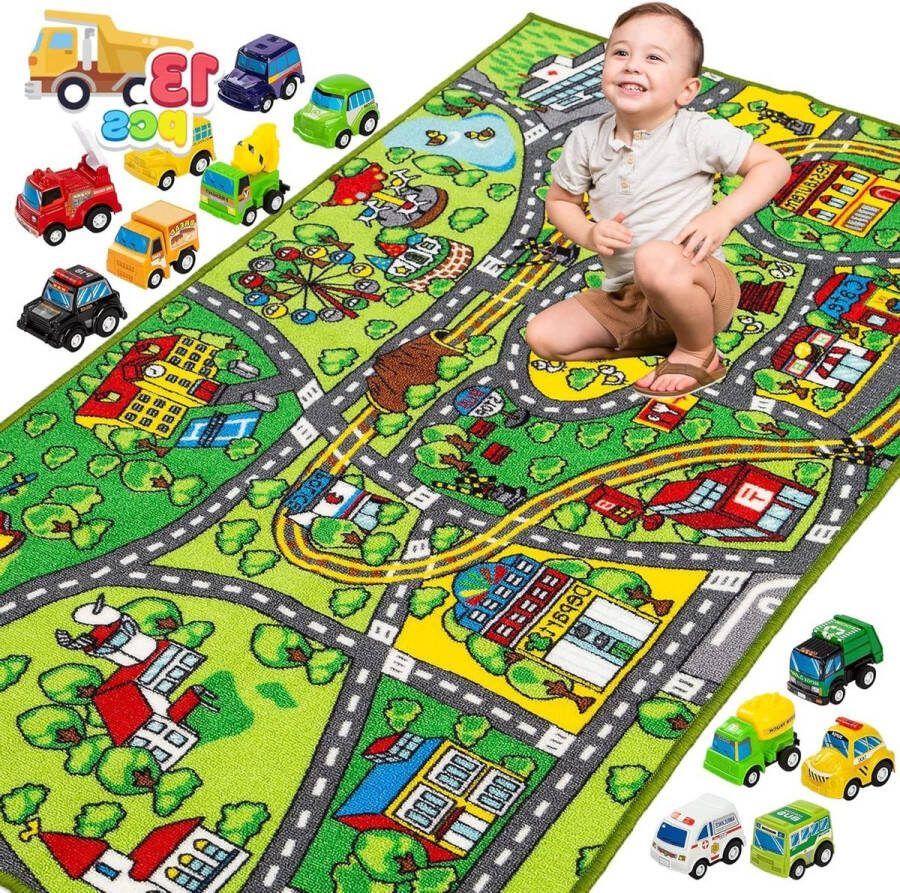 Speelmat met 12 auto's Pull-Back Voertuig Set voor Kinderen Leeftijd 3+ Jumbo Speelkamer Tapijt City Pretend Play