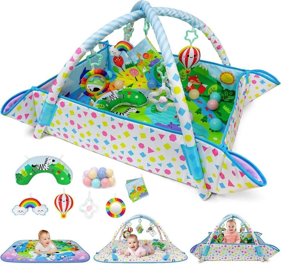 Speelmat met Afneembare Speelboog Baby Activity Gym Mat met Spiegel Zacht Boek en Ballen