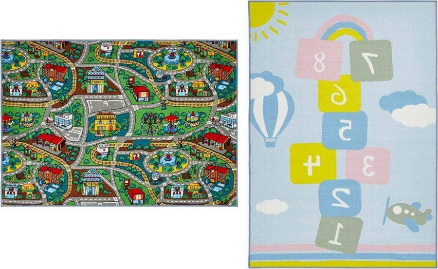 Speelmat omkeerbaar kindertapijt met straten en kippenkastje 133 x 190 cm