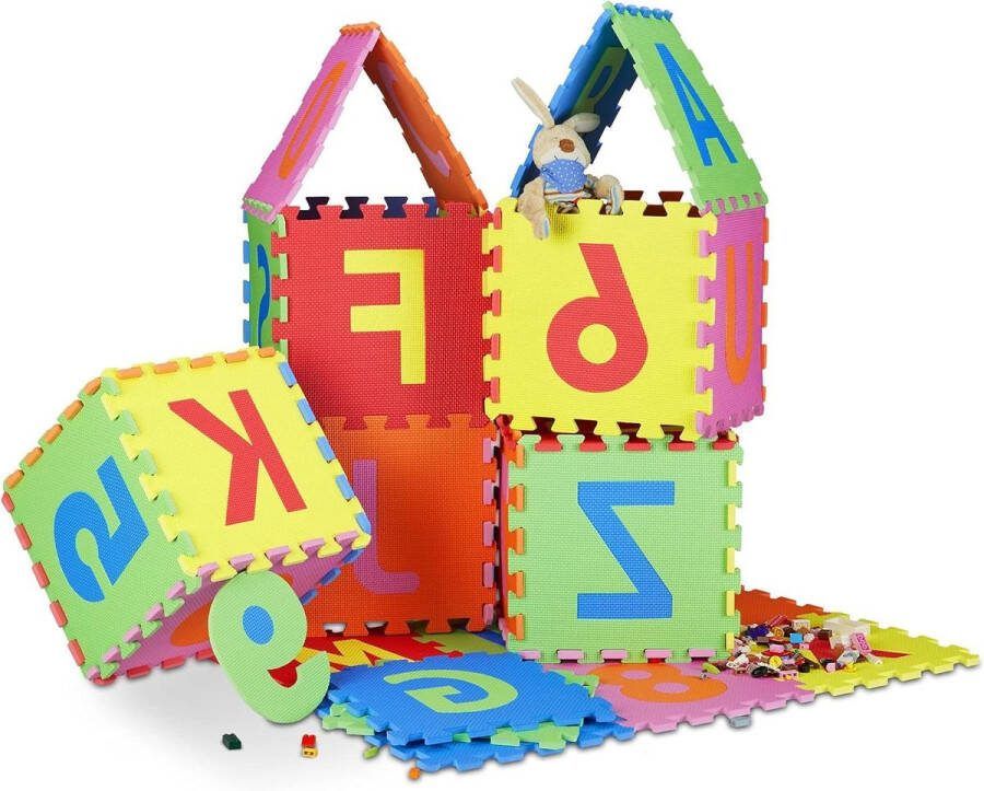Speelmat puzzel 36 foam tegels letters en cijfers EVA-schuim BxD 180 x 180 cm- kinderen kleurrijk