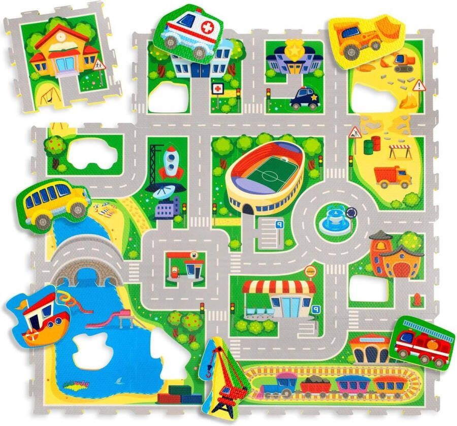 Speelmat Puzzelmat voor baby's City met TÜV SÜD GS certificaat 20% dikkere speelmat milieuvriendelijke verpakking 16 puzzelmatten straten voertuigen 12 x 12 m City