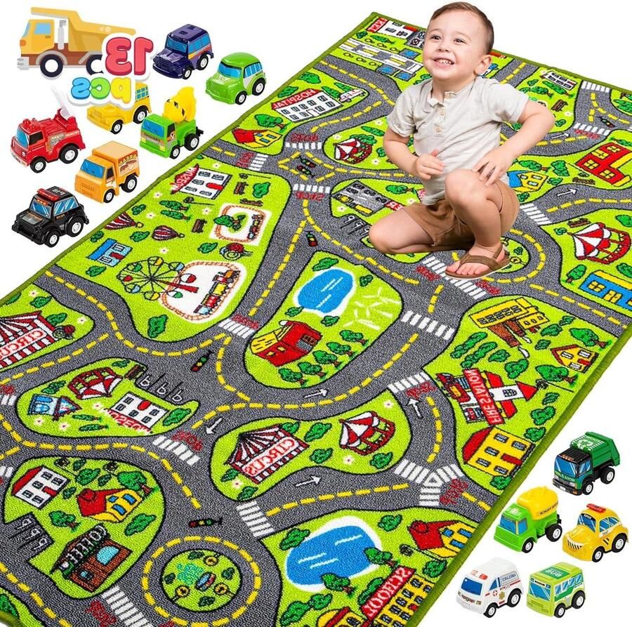 Speelmat Straat Speeltapijt Vloerkleed 80x150cm met Mini Auto's Kinderen vanaf 3 jaar Jongens en Meisjes Slaapkamer en Speelkamer