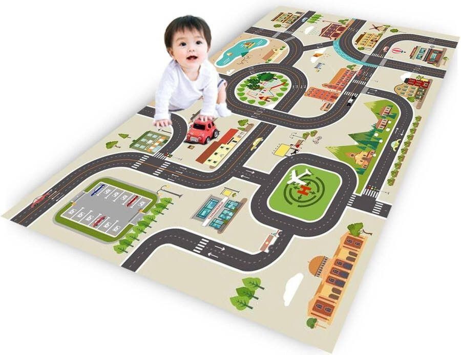 Speelmat Street Car Blauw Groen Grijs Antislip Automat voor kinderkamer Stadsleven Thema 80 x 120 cm