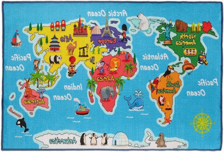 Speelmat wereldkaart 150 x 100 cm educatief speelkleed dieren en oceanen antislip speelmat voor kinderkamer blauw