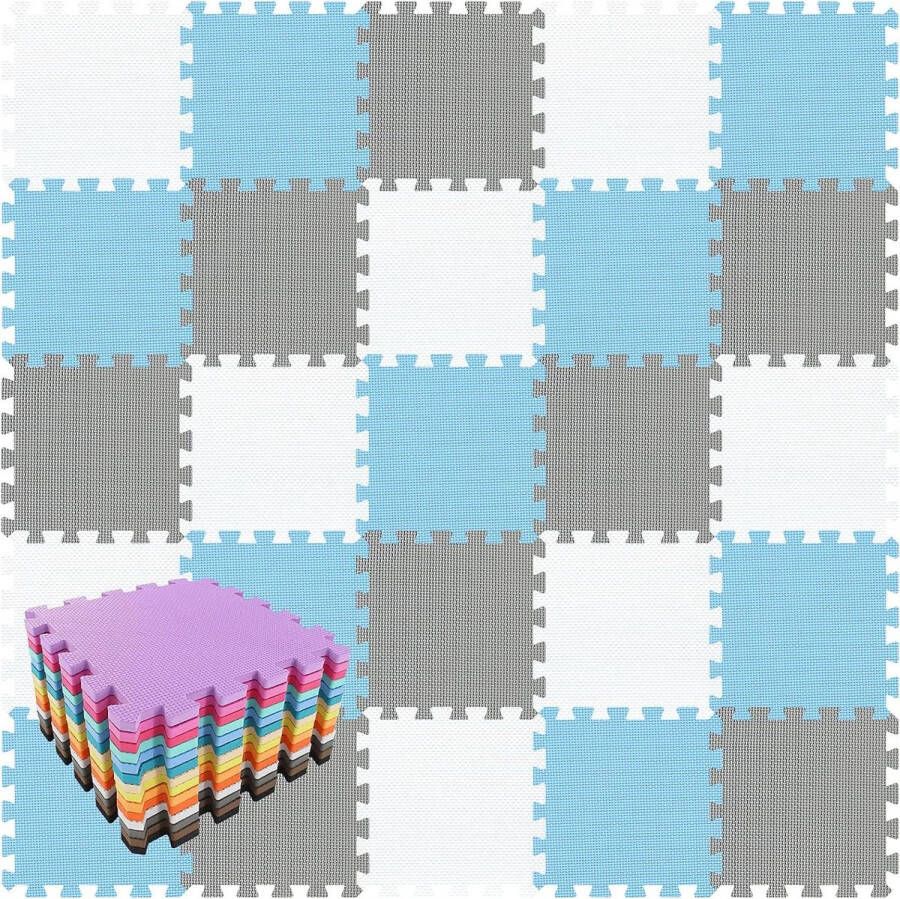 Speelmat zacht EVA-schuim voor baby's op de grond puzzelstukken stapelbaar opvouwbaar 18 tegels 30 x 30 x 1 cm wit blauw grijs