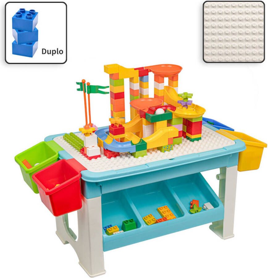 Decopatent Speeltafel met bouwplaat (geschikt voor Duplo blokken) en vlakke kant. Kindertafel met 7 Opbergbakken Bouwtafel