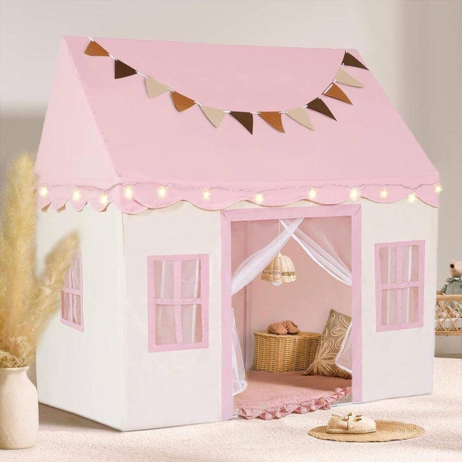 Speeltent Children's Indoor with Thickened Crawling Mat Ball Lights Cloud Ornaments Pink White