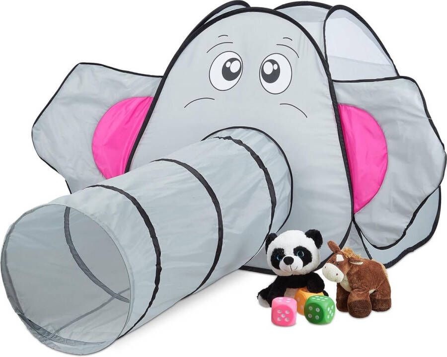 Speeltent Elephant Pop Up Play Tent with Tunnel Indoor Outdoor HBD 92x155x200cm Grey
