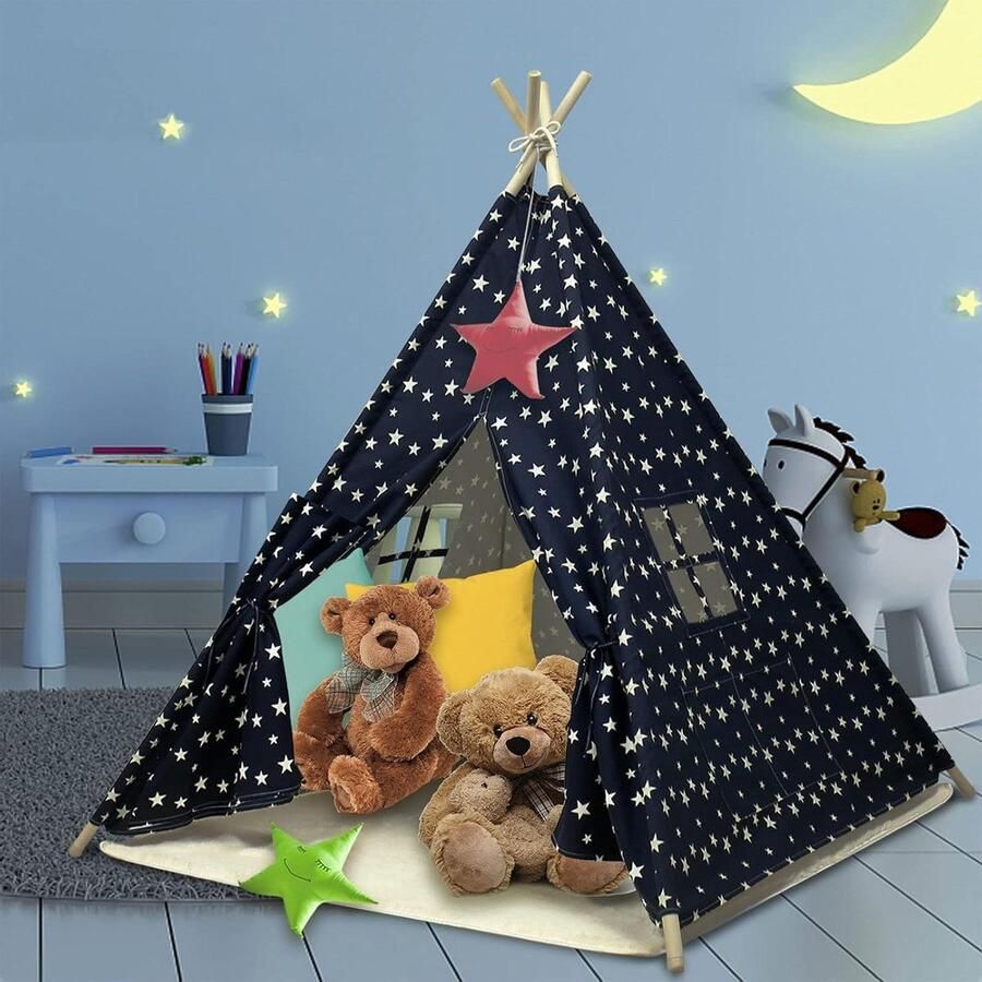 Speeltent Foldable Teepee Tent for Kids with Plush Mat Navy Blue