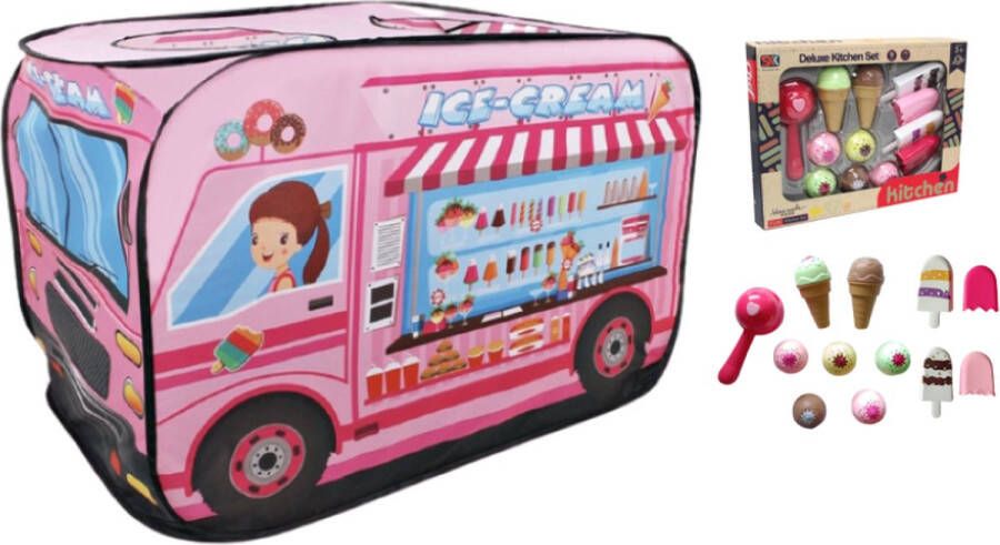 Speeltent IJscowagen + IJsco Speelgoedset Kindertent Speelhuis Ice Cream Truck Rollenspel Pop Up Tent Ice Cream Speelset