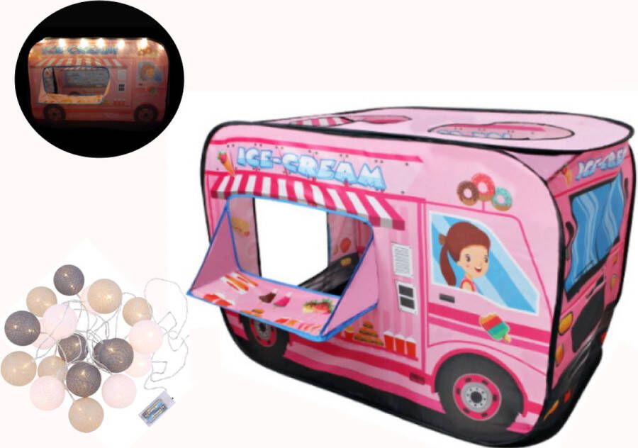 Speeltent IJscowagen met LED lampjes Kindertent Speelhuis Ice Cream Truck Rollenspel Pop Up Tent