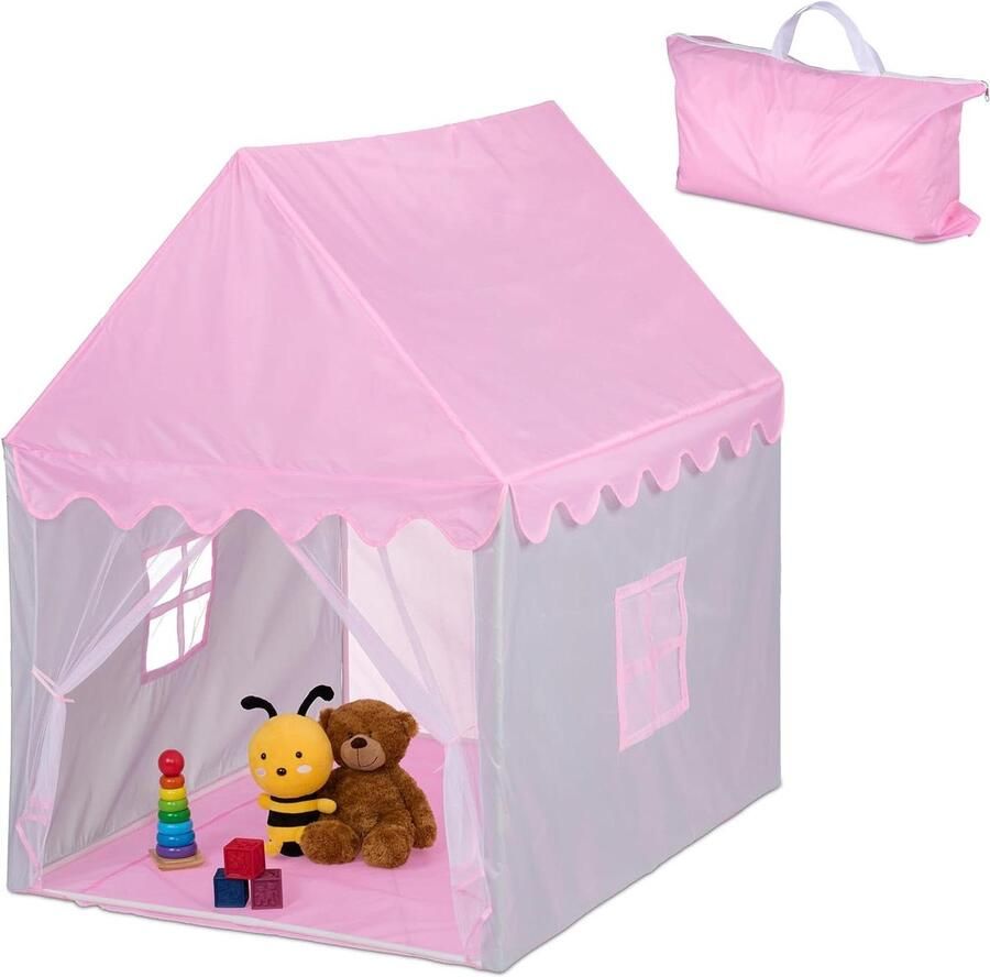 Speeltent Indoor Playhouse 130x95x125 cm in Roze Grijs met Grote Ingang en Ramen voor Kinderen
