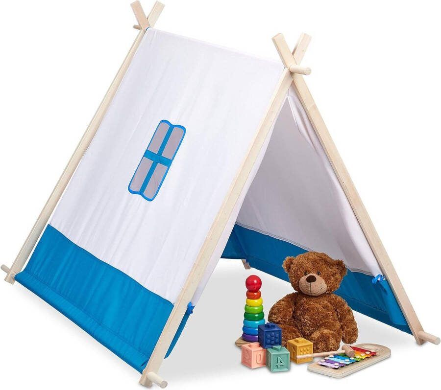 Speeltent laag met venster en deur HBD 92x86x120 cm Wigwam kindertent binnen blauw wit speelruimte voor kinderen