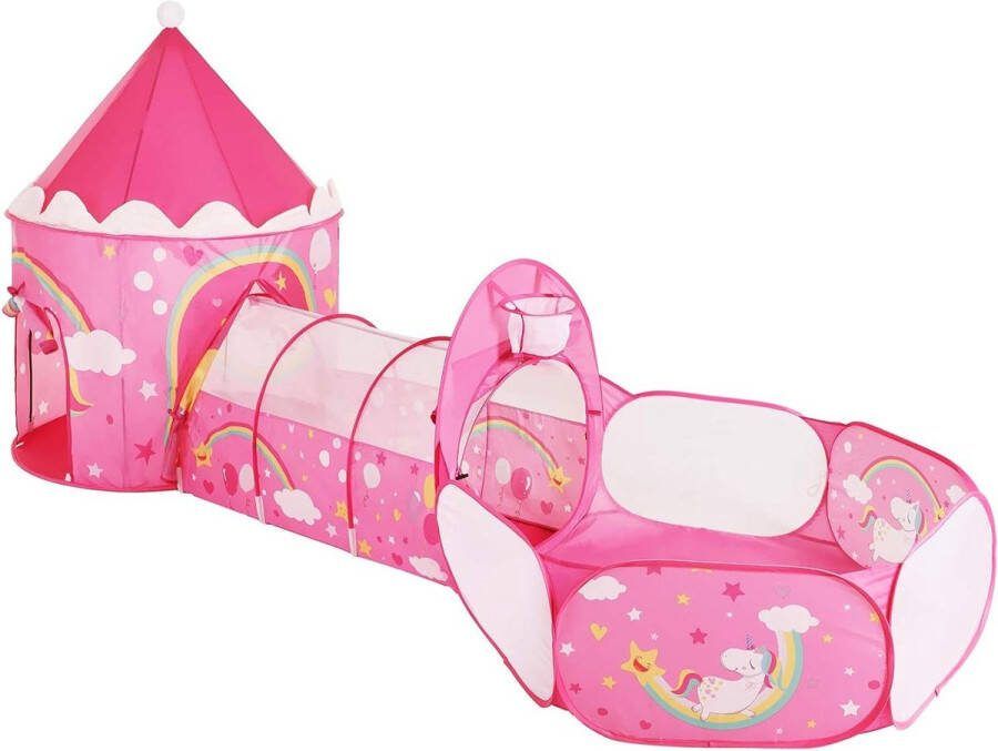Speeltent met tunnel balbad en basketbalkorf voor kinderen eenhoorn prinses roze binnen en buiten verjaardagscadeau