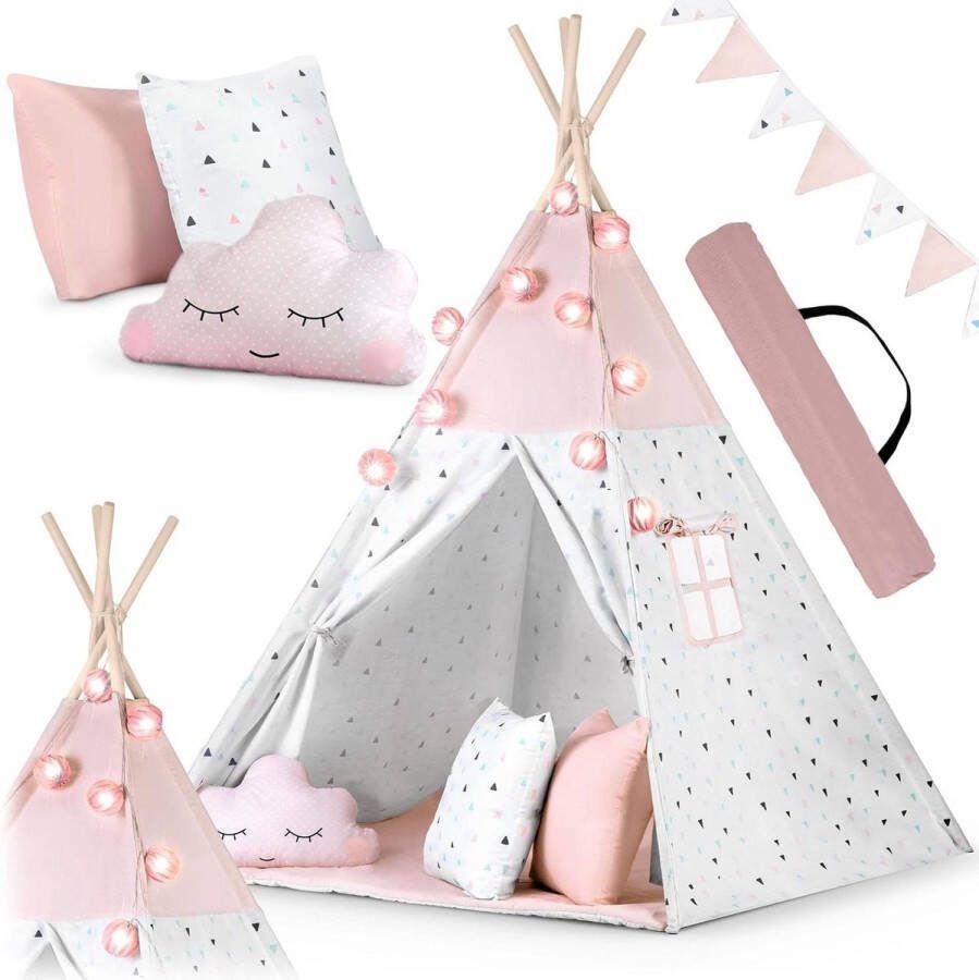 Speeltent Montessori-Stijl met Slinger Kerstverlichting Eenvoudig Op te Zetten Inclusief 3 Kussens en Isolatiemat