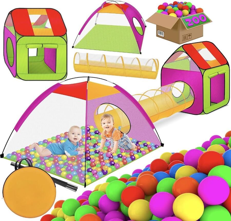 Speeltent speelhuisje babytent met 200 ballen ballenbad kindertent ideaal voor thuis en in de tuin met tas tunnel XXL