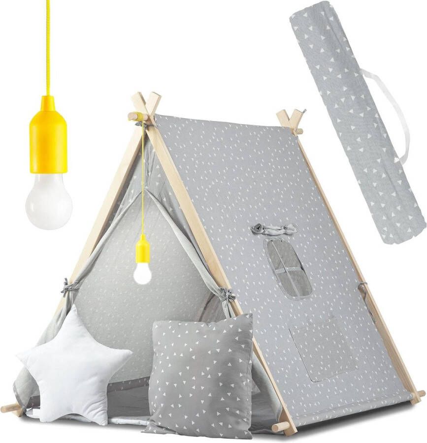 Speeltent Teepee Grijs voor Kinderen van Ricokids met Katoen Speelgoed voor Binnen & Buiten Raam Twee Kussens Isolatiemat LED-lamp Indianen Wigwam van Populierenhout 116 X 107 X 110 cm