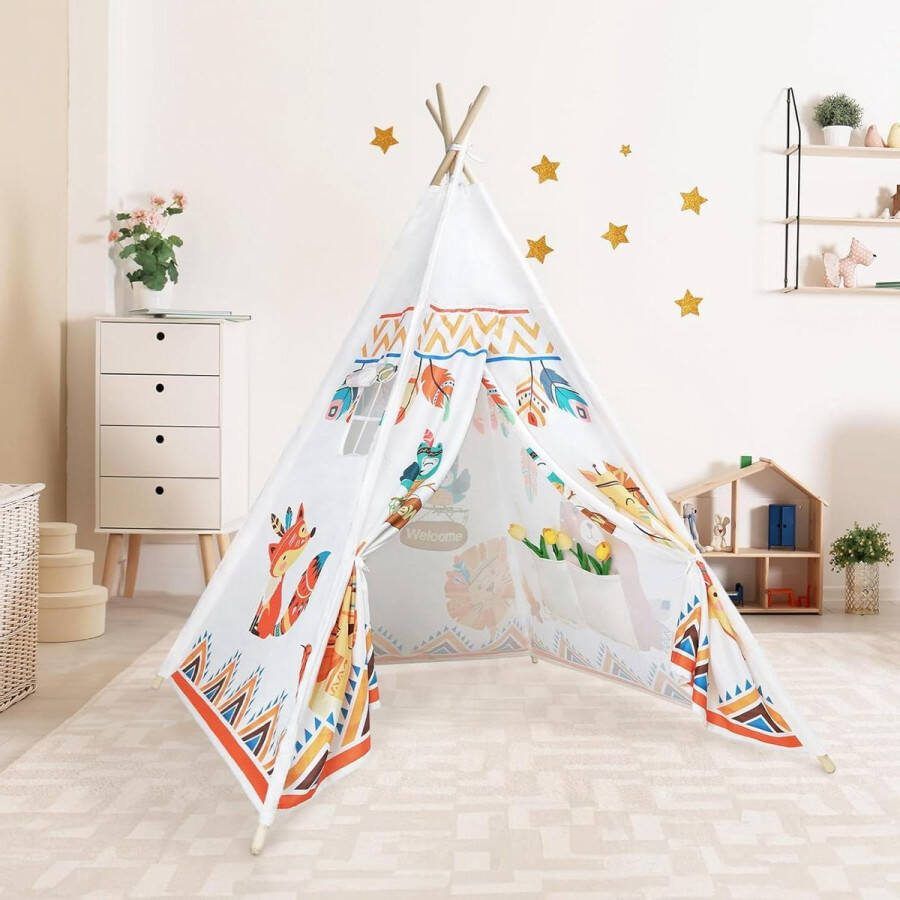 Speeltent Teepee Indians for Children with Pine Poles Stabiliser Wooden Tent Forest Animals Outdoor Playhouse for Children Girls